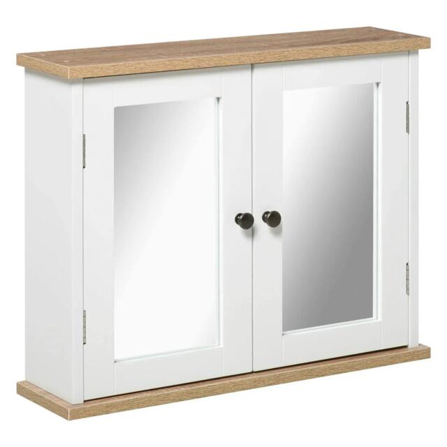Rackhams Bathroom Mirror Cabinet Wall Mounted Storage Cupboard with Double Door and Adjustable Shelf, White - White - image 1