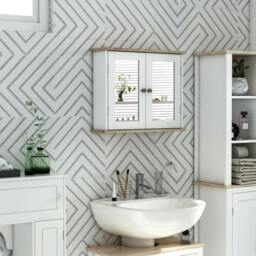 Rackhams Bathroom Mirror Cabinet Wall Mounted Storage Cupboard with Double Door and Adjustable Shelf, White - White - thumbnail 2