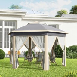 Rackhams 3x4m Hexagon Gazebo w/ Mesh Curtains Outdoor Garden, Beige - Khaki - thumbnail 1