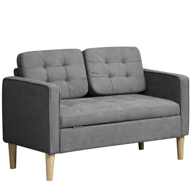 Rackhams Modern 2 Seater Sofa with Hidden Storage, 117cm Tufted Cotton Couch with Wood Legs, Compact Loveseat for Living Room, Kitchen, Grey - image 1