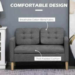 Rackhams Modern 2 Seater Sofa with Hidden Storage, 117cm Tufted Cotton Couch with Wood Legs, Compact Loveseat for Living Room, Kitchen, Grey - thumbnail 5