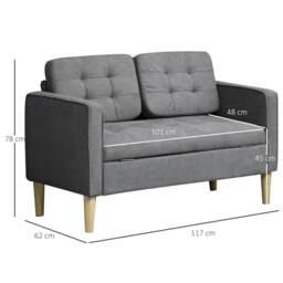 Rackhams Modern 2 Seater Sofa with Hidden Storage, 117cm Tufted Cotton Couch with Wood Legs, Compact Loveseat for Living Room, Kitchen, Grey - thumbnail 3