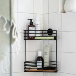 Rackhams Matt Black Stainless Steel Double Corner Shower Basket Self Adhesive Wall Mounted - thumbnail 2
