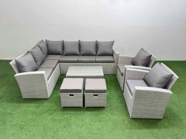 Rackhams 10 Seater Garden Outdoor PE Rattan Furniture Set Rattan Garden Sofa Set with 2 Small Footstools Light Grey Mixed - image 1