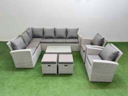 Rackhams 10 Seater Garden Outdoor PE Rattan Furniture Set Rattan Garden Sofa Set with 2 Small Footstools Light Grey Mixed - thumbnail 1