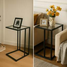 Rackhams Tempered Glass C Shape Metal Side Table Black - thumbnail 3
