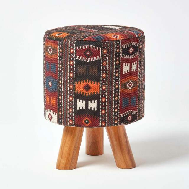 Rackhams Tall Kilim Footstool with Wooden Legs - 32 x 32 x 42 cm - image 1