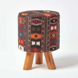 Rackhams Tall Kilim Footstool with Wooden Legs - 32 x 32 x 42 cm