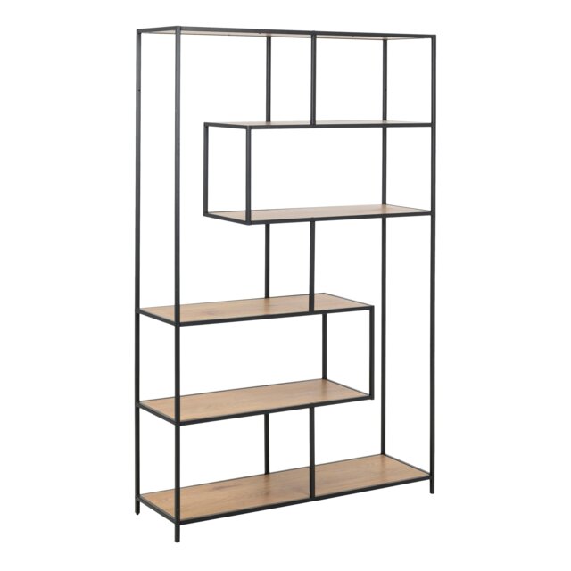 Rackhams Seaford Black Metal Large Asymmetrical Bookcase with 5 Oak Shelves - 1 - Black and Oak - Wood - image 1