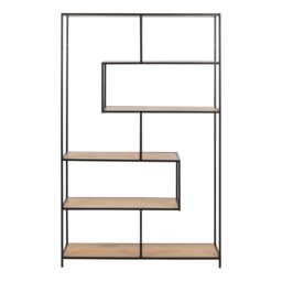 Rackhams Seaford Black Metal Large Asymmetrical Bookcase with 5 Oak Shelves - 1 - Black and Oak - Wood - thumbnail 2