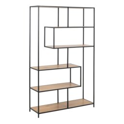Rackhams Seaford Black Metal Large Asymmetrical Bookcase with 5 Oak Shelves - 1 - Black and Oak - Wood