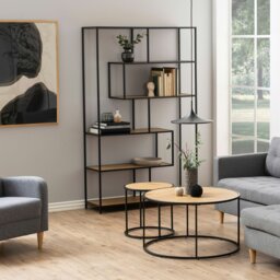 Rackhams Seaford Black Metal Large Asymmetrical Bookcase with 5 Oak Shelves - 1 - Black and Oak - Wood - thumbnail 4