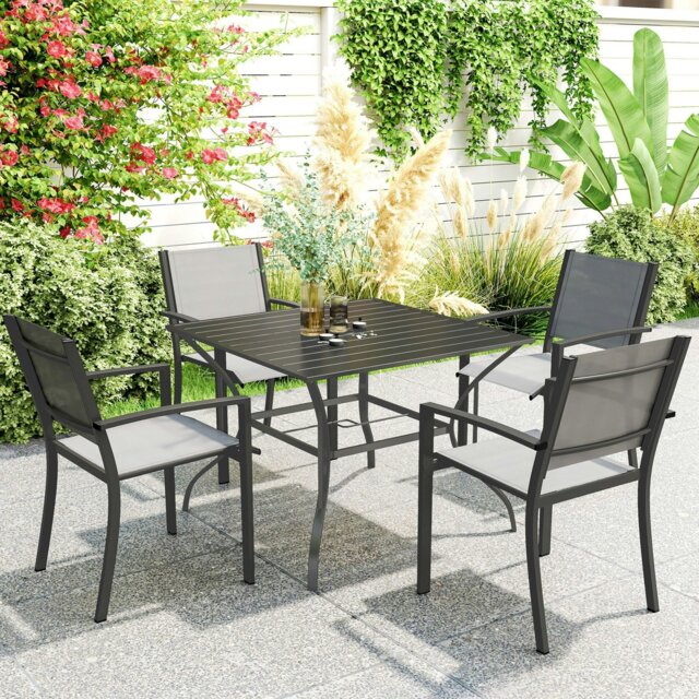 Rackhams Garden Table with Parasol Hole for Four, Slatted Metal Plate Top Grey - Dark Grey - Steel - 94cm x 94cm x 71cm - image 1