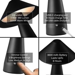 Rackhams Gloss Black Rechargeable Touch Dimmable Table Lamp with Matching Metal Shade - thumbnail 4