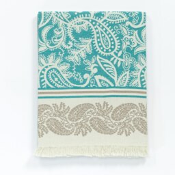 Rackhams Dolce Paisley Cotton Throw Blanket - Teal and Beige on Natural