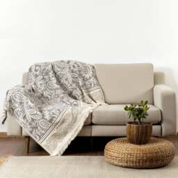 Rackhams Dolce Paisley Cotton Throw Blanket - Teal and Beige on Natural - thumbnail 6
