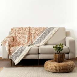 Rackhams Dolce Paisley Cotton Throw Blanket - Teal and Beige on Natural - thumbnail 2