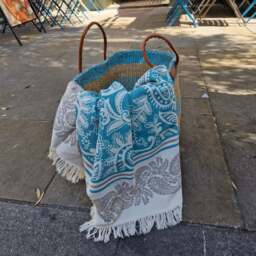Rackhams Dolce Paisley Cotton Throw Blanket - Teal and Beige on Natural - thumbnail 5