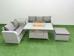 Rackhams 6 Seater Rattan Garden Furniture Patio Sofa Set with Fire Pit Dining Table 3 Seater Sofa Love Sofa Big Footstool Side Table - thumbnail 1