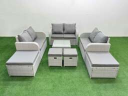 Rackhams Outdoor Garden Furniture Set PE Rattan Love Sofa Set with Coffee Table 4 Footstools Light Grey - thumbnail 1