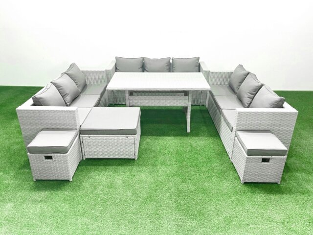 Rackhams Rattan Garden Outdoor Furniture Set 12 Seater Garden Sofa Rectangulr Dining Table Set with 3 Footstools Light Grey Mixed - image 1