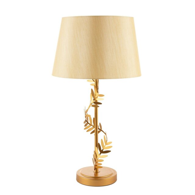 Rackhams Modern Satin Gold Table Lamp with Twisting Floral Decor and Linen Fabric Shade - image 1