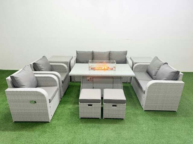 Rackhams Rattan Garden Furniture Set Reclining Chair Sofa Double Love Seat 2 Seater Sofa Fire Pit Dining Table 2 Stools 2 Side Table Light Grey - image 1