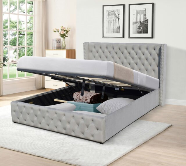Rackhams Winged Plush Velvet Ottoman Bed - Light Grey - 5ft Kingsize