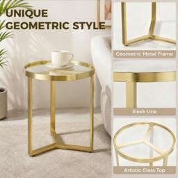 Rackhams Round Side Table with Tempered Glass Top and Metal Frame, Gold Tone - thumbnail 4