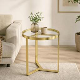 Rackhams Round Side Table with Tempered Glass Top and Metal Frame, Gold Tone