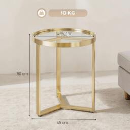 Rackhams Round Side Table with Tempered Glass Top and Metal Frame, Gold Tone - thumbnail 3