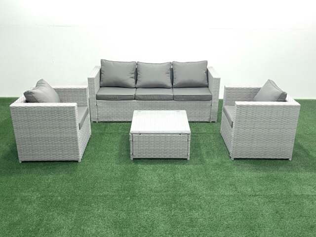 Rackhams 5 Seater Rattan Garden Furniture Set with 3 Seater Sofa 2 Chair Square Coffee Table Light Grey Mixed - image 1