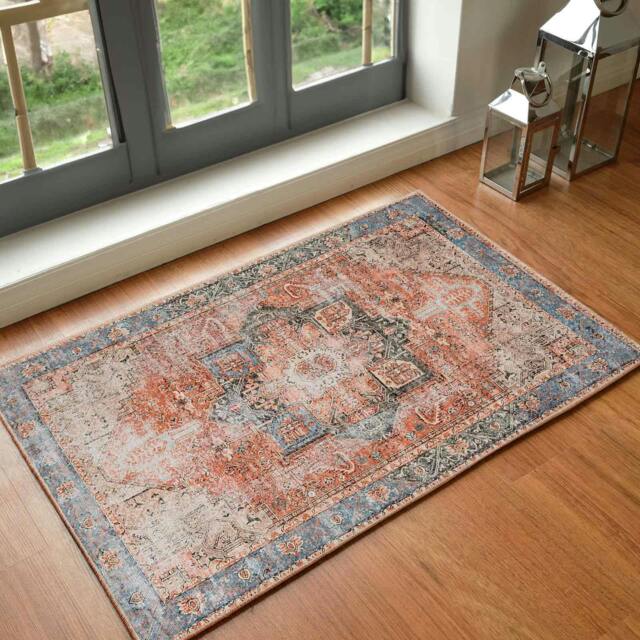 Rackhams Amelie-Washable Terracotta Blue Grey Brown Traditional Vintage Boho Rug - 60 x 90 cm - image 1