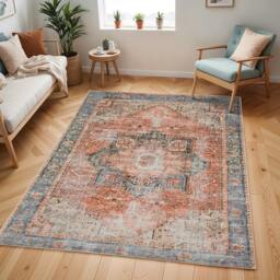 Rackhams Amelie-Washable Terracotta Blue Grey Brown Traditional Vintage Boho Rug - 60 x 90 cm - thumbnail 6