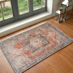 Rackhams Amelie-Washable Terracotta Blue Grey Brown Traditional Vintage Boho Rug - 60 x 90 cm - thumbnail 1
