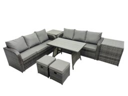 Rackhams Garden Rattan Outdoor Furniture Set 8 Seater with 3 Seater Sofa 2 Side Table 2 Small Stools Dark Grey - thumbnail 3