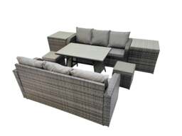Rackhams Garden Rattan Outdoor Furniture Set 8 Seater with 3 Seater Sofa 2 Side Table 2 Small Stools Dark Grey - thumbnail 1
