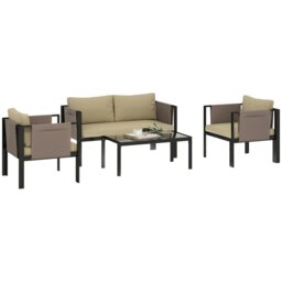 Rackhams 4 Piece Garden Sofa Set w/ Tempered Glass Coffee Table Khaki - Khaki - Steel, Polyester, Sponge, Texteline, Tempered Glass - thumbnail 2