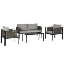 Rackhams 4 Piece Garden Sofa Set w/ Tempered Glass Coffee Table Khaki - Khaki - Steel, Polyester, Sponge, Texteline, Tempered Glass - thumbnail 6