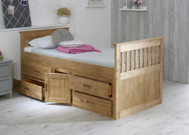 Rackhams Captains Storage Bed with 4 Drawers & Cupboard – Solid Pine – Waxed or White Finish – 3FT Single - Waxed - image 1