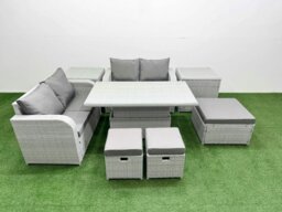 Rackhams 7 Seater Outdoor Love Sofa Set Rattan Garden Furniture Set with Adjustable Lifting Dining or Coffee Table 3 Footstool 2 Side Tables Light Grey - thumbnail 2