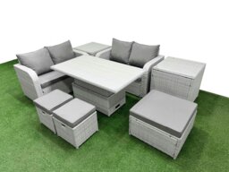 Rackhams 7 Seater Outdoor Love Sofa Set Rattan Garden Furniture Set with Adjustable Lifting Dining or Coffee Table 3 Footstool 2 Side Tables Light Grey - thumbnail 1