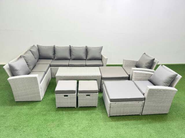 Rackhams Rattan Garden Furniture Set Outdoor 12 Seater Corner Sofa Sets with Oblong Coffee Table Chair 4 Footstools Light Grey Mixed - image 1