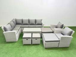 Rackhams Rattan Garden Furniture Set Outdoor 12 Seater Corner Sofa Sets with Oblong Coffee Table Chair 4 Footstools Light Grey Mixed - thumbnail 1