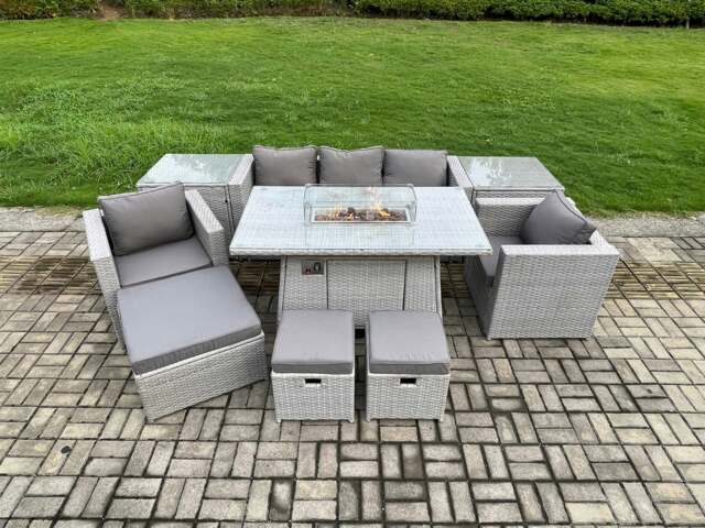 Rackhams Outdoor Garden Dining Sets Rattan Furniture Gas Fire Pit Dining Table With 2 Armchairs 2 Side Tables 3 Footstools Light Grey - image 1