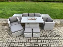 Rackhams Outdoor Garden Dining Sets Rattan Furniture Gas Fire Pit Dining Table With 2 Armchairs 2 Side Tables 3 Footstools Light Grey - thumbnail 1