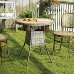 Rackhams Outdoor PE Rattan Dining Table w/ Wood-plastic Composite Top, Natural - 70 x 70 x 73 cm - Not applicable - Mixed Grey, Natural Wood Finish - thumbnail 1