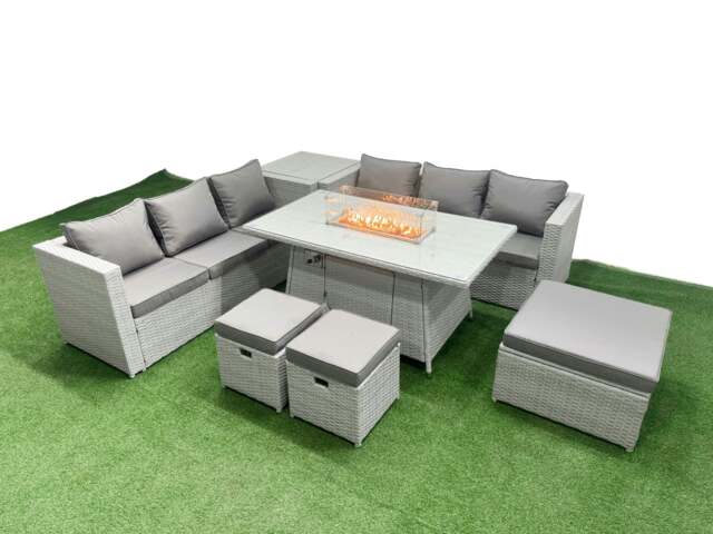 Rackhams 9 Seat PE Rattan Lounge Sofa Set Outdoor Garden Furniture Set with Fire Pit Dining Table 3 Seater Sofa 3 Stools Side Table Light Grey - image 1