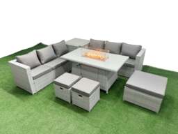 Rackhams 9 Seat PE Rattan Lounge Sofa Set Outdoor Garden Furniture Set with Fire Pit Dining Table 3 Seater Sofa 3 Stools Side Table Light Grey - thumbnail 1