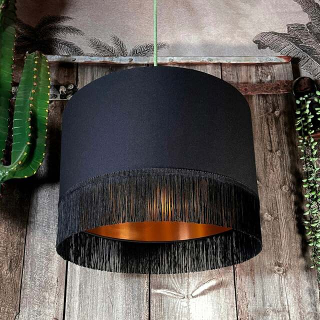 "Rackhams Jet Black Lampshade with Copper Foil Lining & Black Fringing - Table / Floor Lamp - 60cm Diameter x 30cm Height / (24"" x 12"")" - image 1